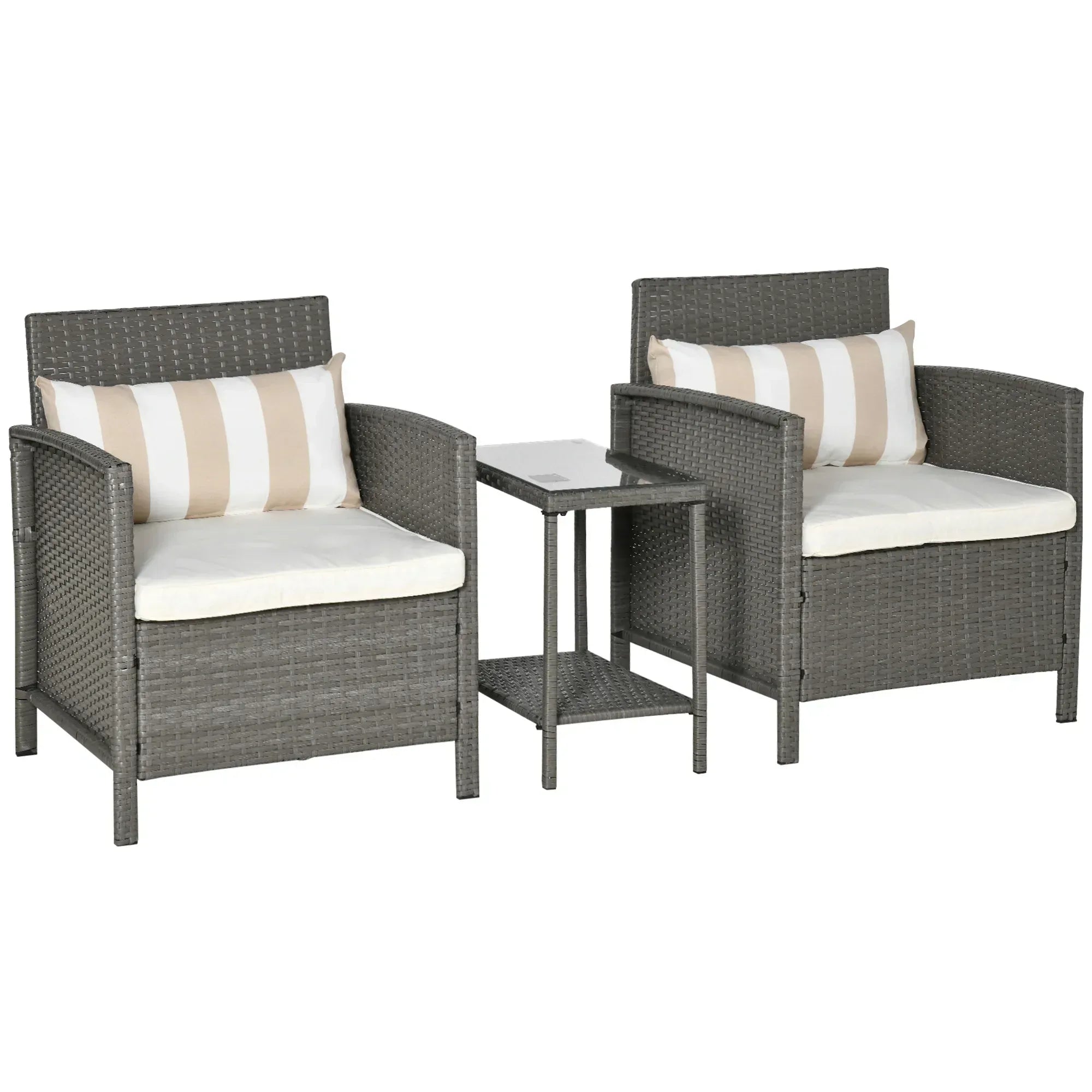 3 Pieces Rattan Bistro Set, Wicker Garden Furniture Set, Glass Top 2-tier Coffee Table and Chairs Set with Pillows and Washable Cushions for Outdoor, Patio, Balcony, Light Grey - Bobobiy