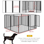 Black metal dog playpen with folding panels and wide entrance, vertical wire bars