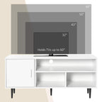 White TV stand cabinet with open center shelves and left storage door