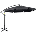 Black cantilever banana parasol with cross base and curved support frame