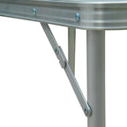 Aluminum leg brace with pin joint under white tabletop edge of foldable table