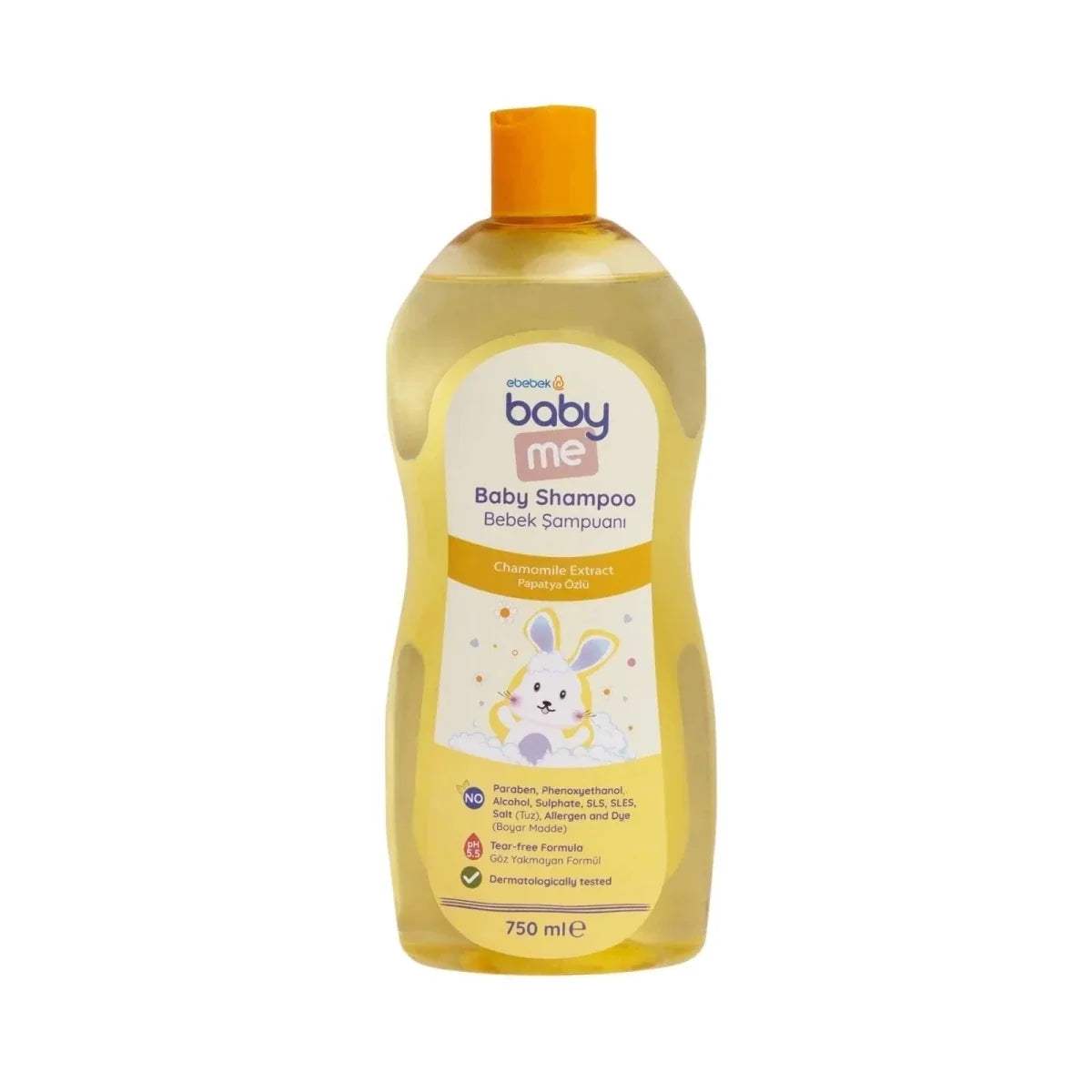 Baby shampoo bottle with orange flip-top cap and front label, 750 ml