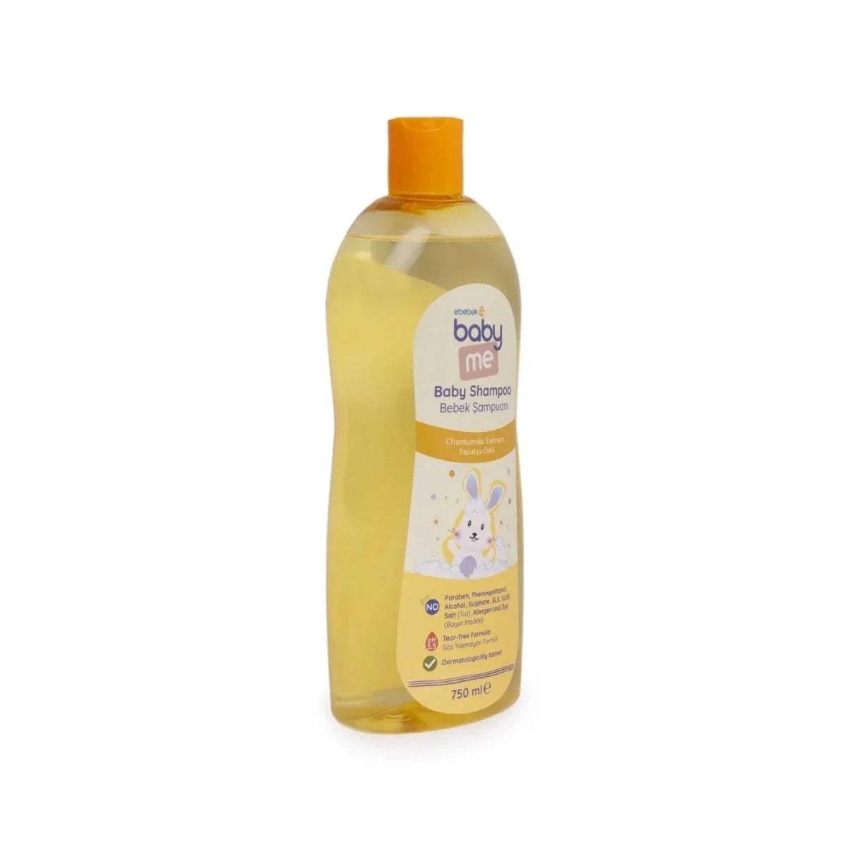 Baby shampoo bottle side view with orange cap and label, 750 ml