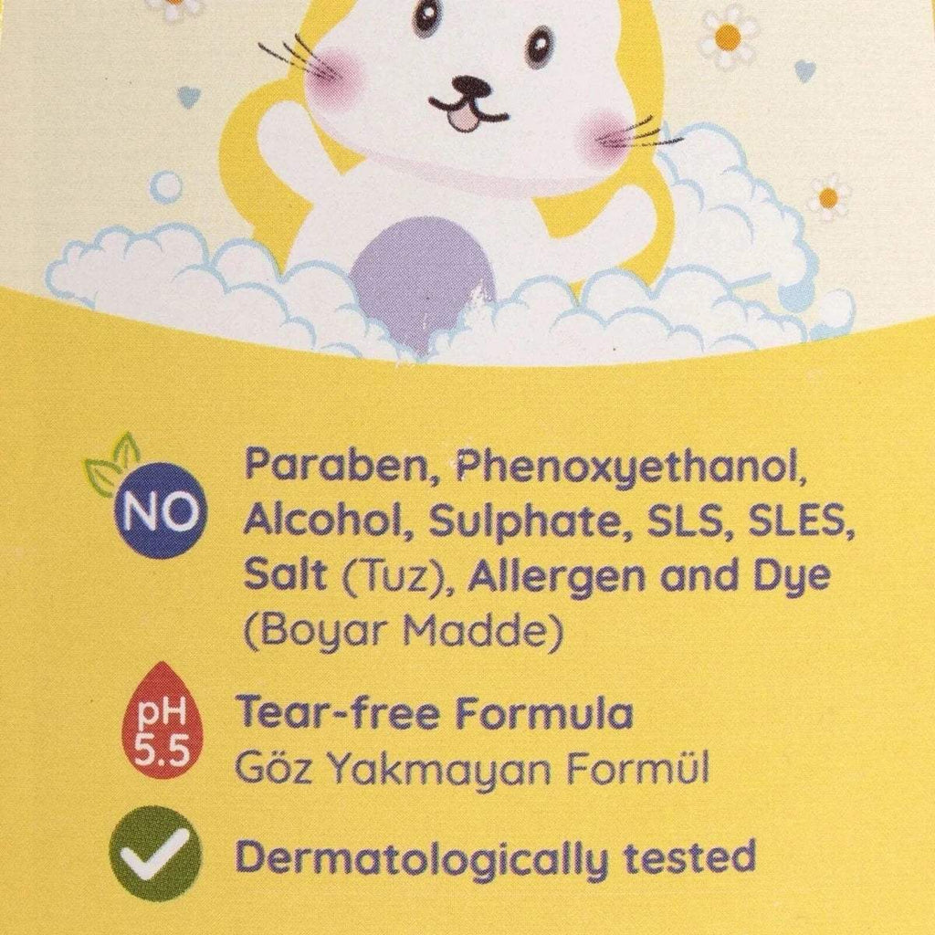 Baby shampoo label text with bunny graphic and tear-free formula, pH 5.5