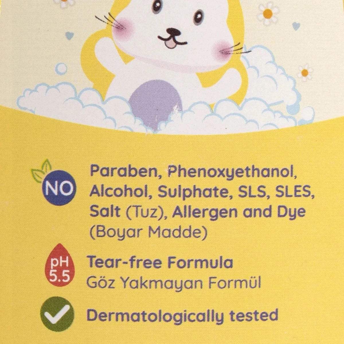Baby shampoo label text with bunny graphic and tear-free formula, pH 5.5