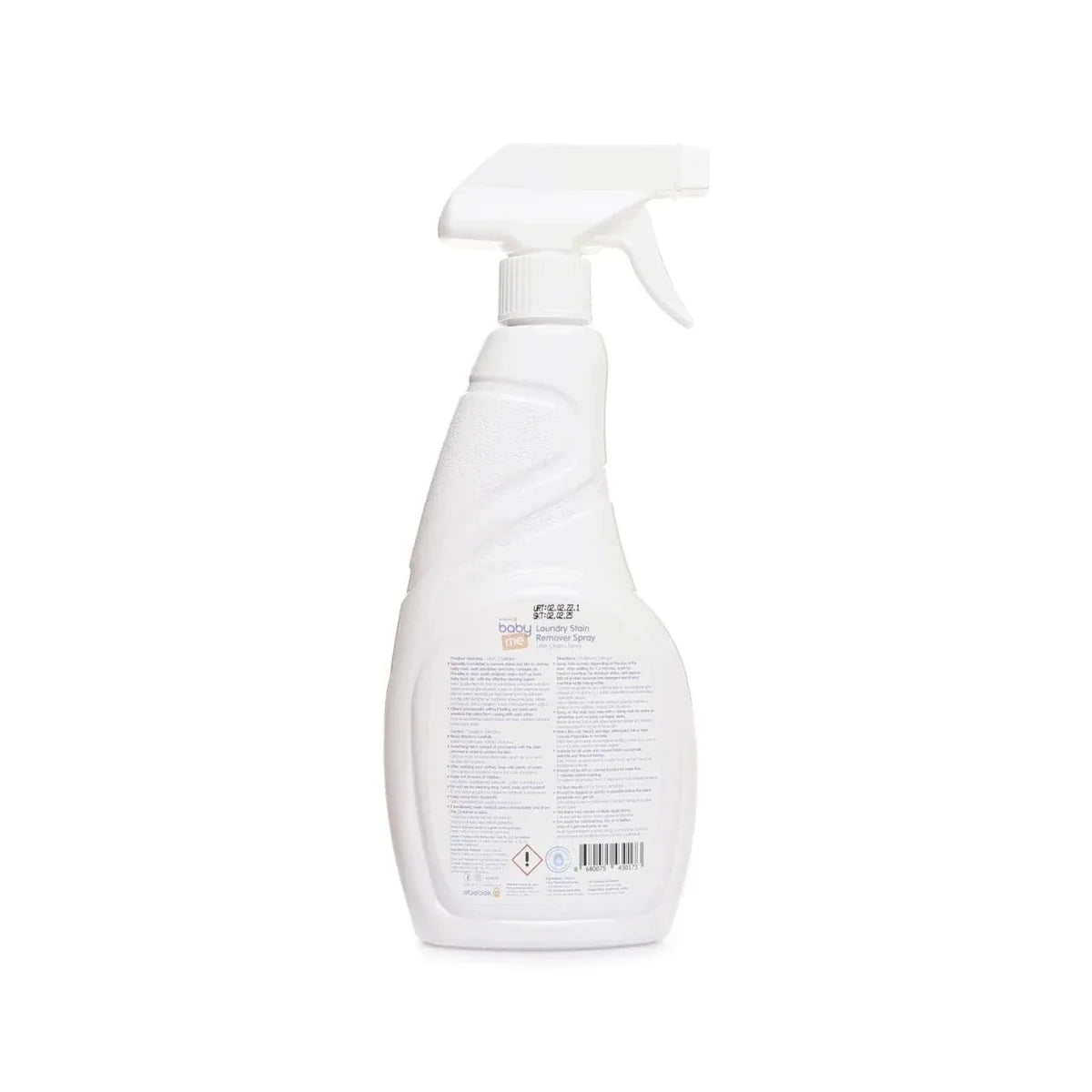 Baby stain remover spray bottle, back view with barcode and ingredient panel