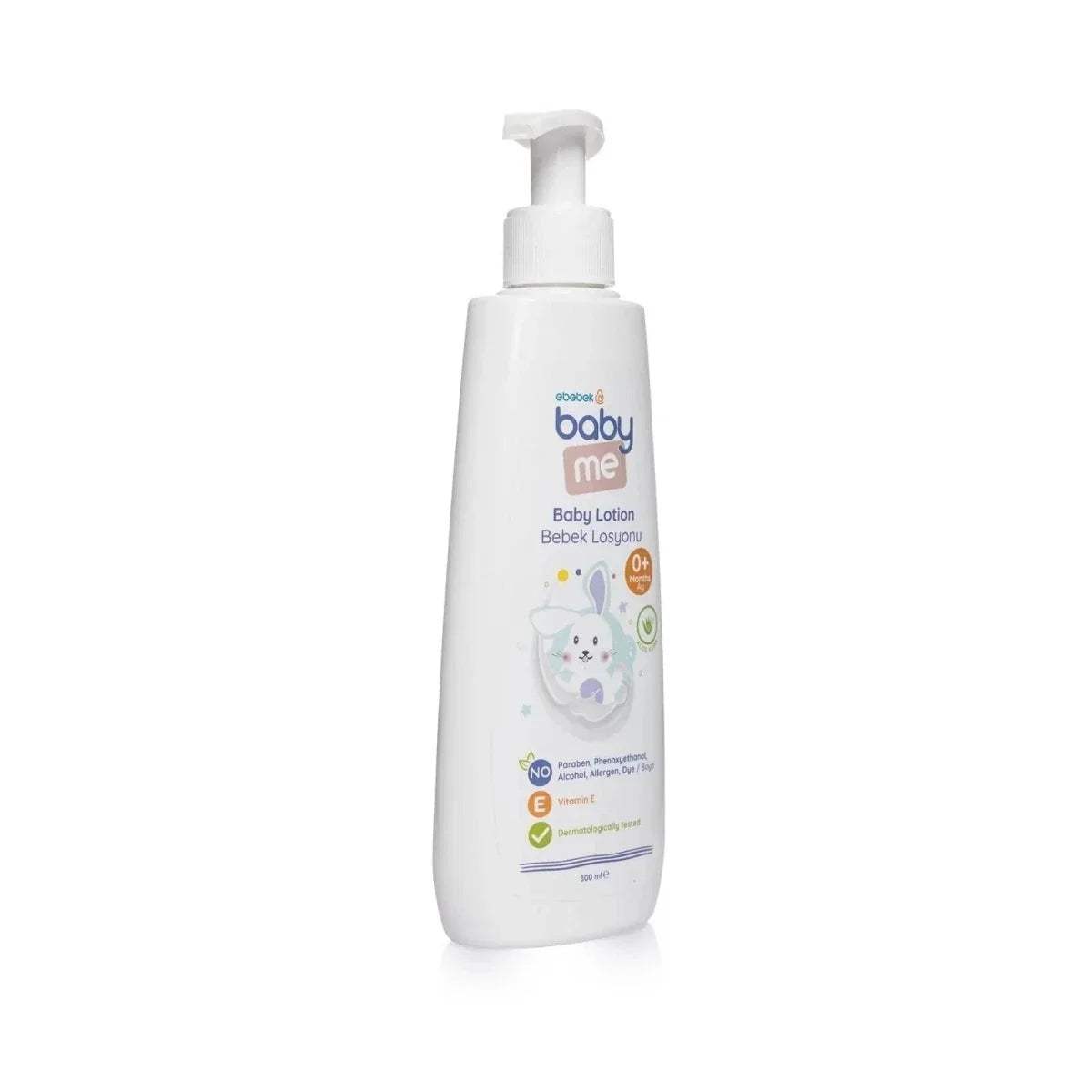 baby me Baby Lotion pump bottle with front label, white bottle, 300 ml