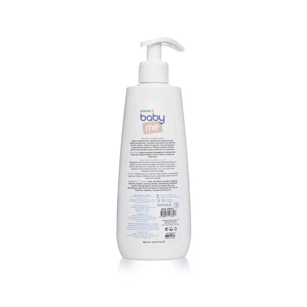 baby me Baby Lotion pump bottle with back label and barcode, white, 300 ml