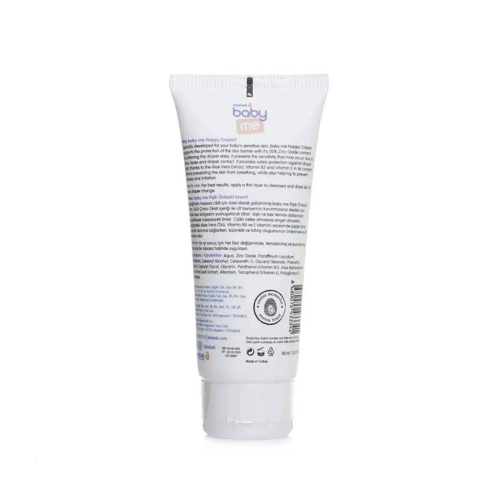 Baby me nappy rash cream tube back label with ingredient text and barcode