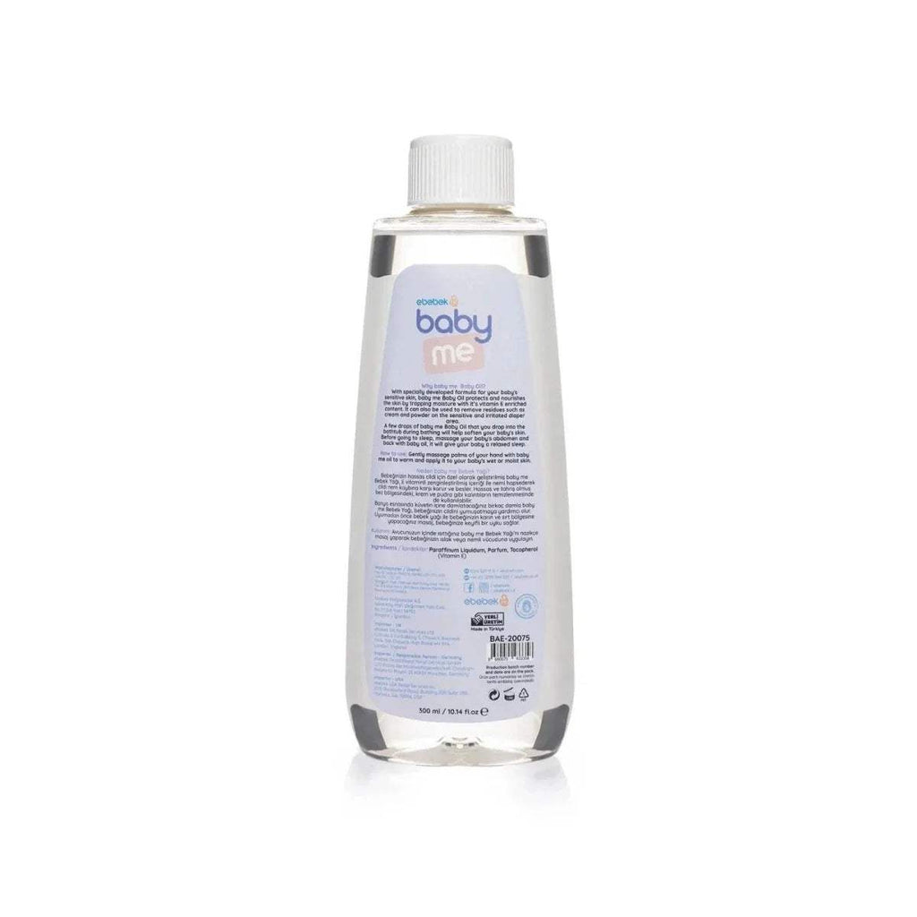 ebebek baby me Baby Oil bottle, back label with ingredient text and icons