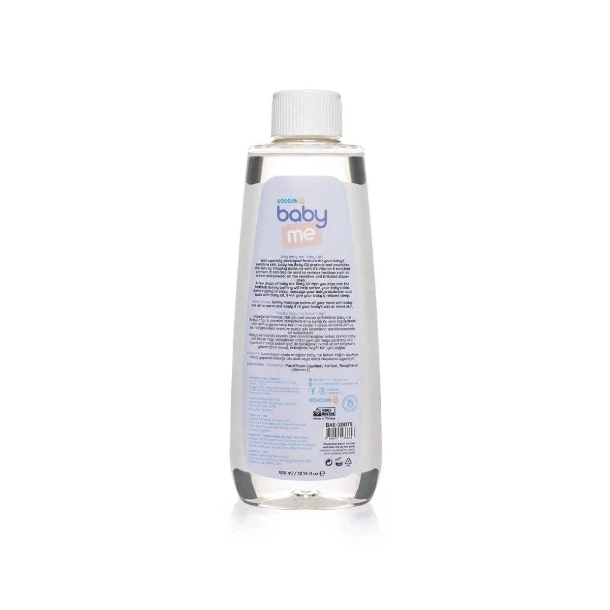 ebebek baby me Baby Oil bottle, back label with ingredient text and icons