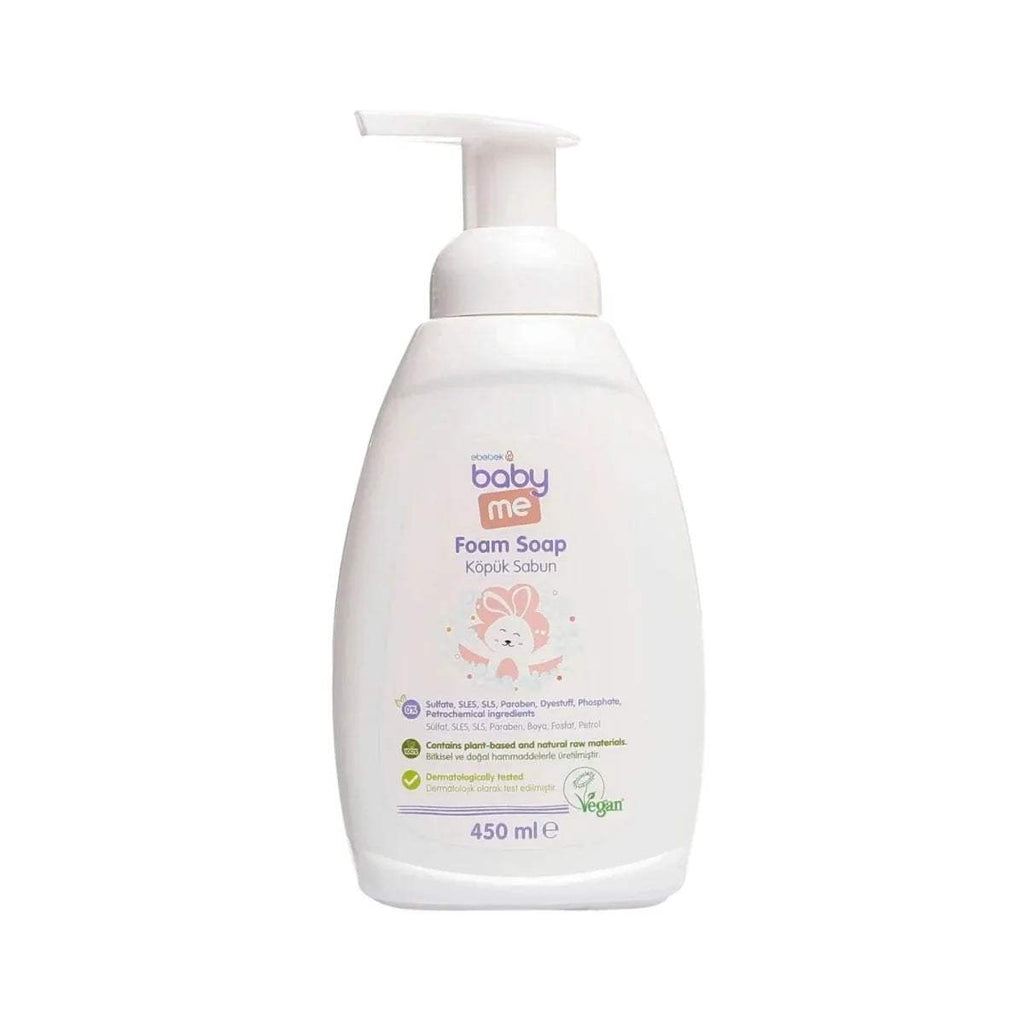 White foam soap bottle with pump, baby me label, 450 ml, vegan.
