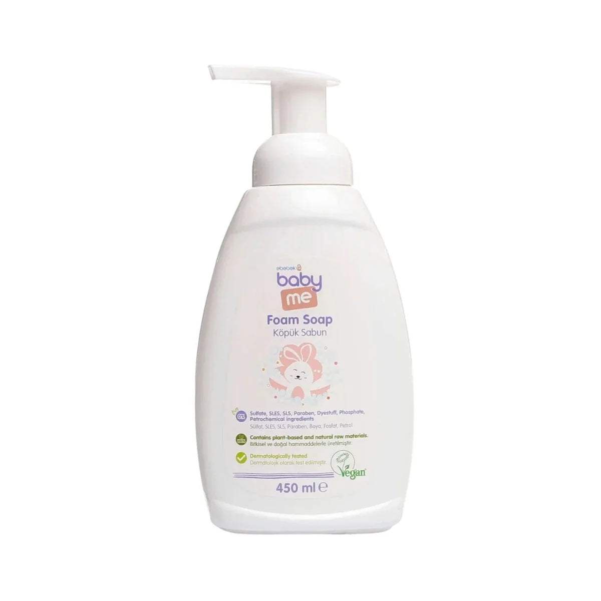 White foam soap bottle with pump, baby me label, 450 ml, vegan.