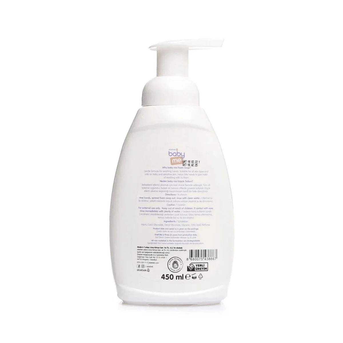 White foam soap bottle back label with pump, 450 ml, vegan.
