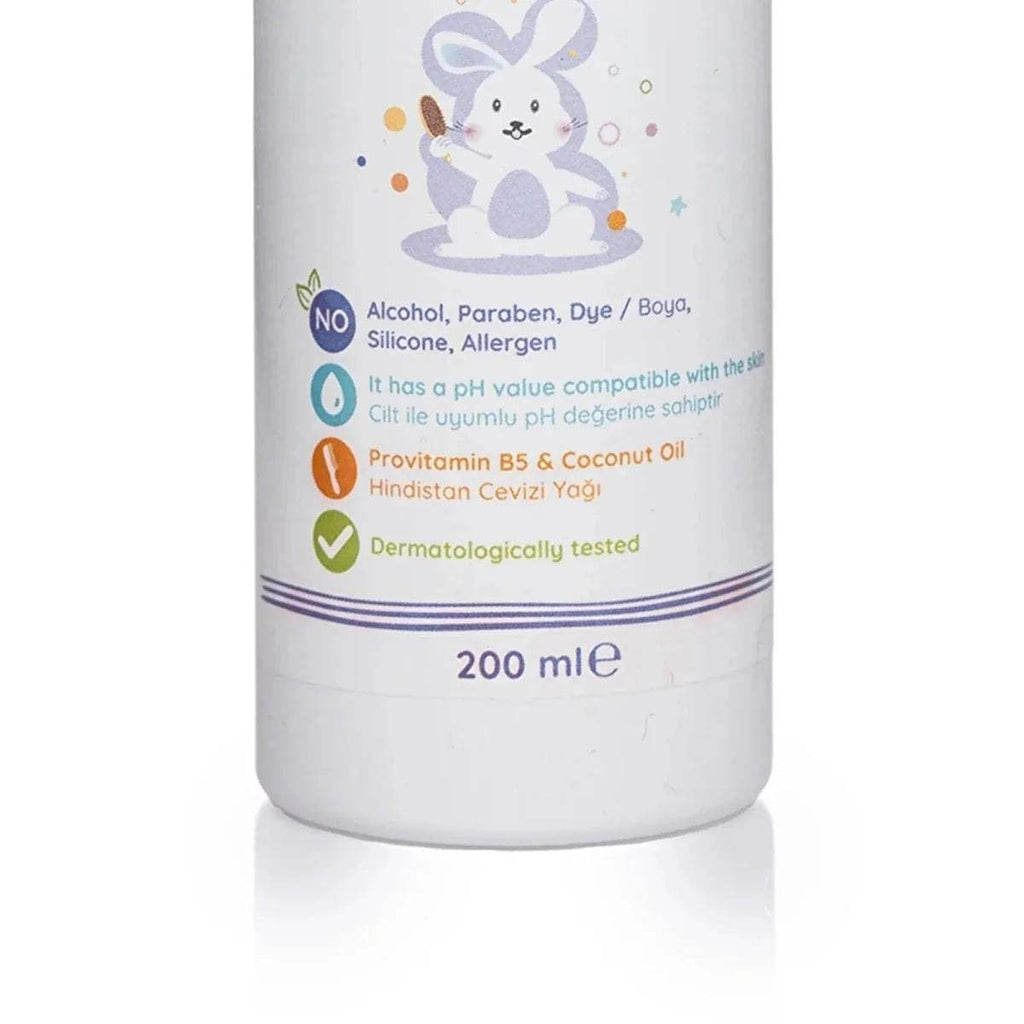 baby me hair comb spray bottle back label with product icons, 200 ml