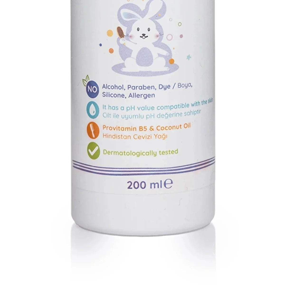 baby me hair comb spray bottle back label with product icons, 200 ml