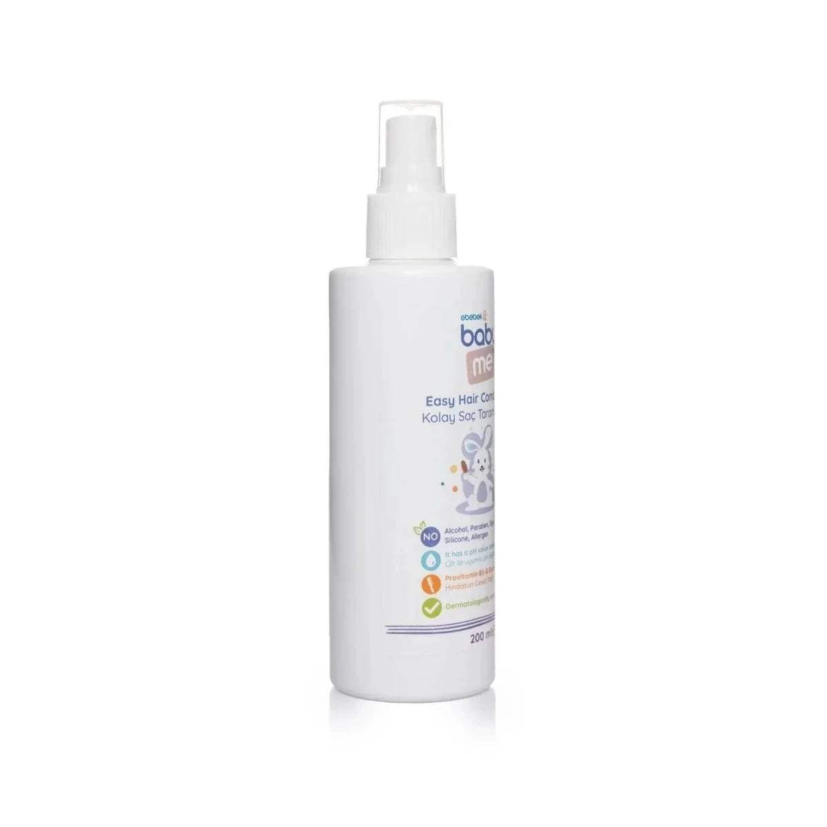 baby me Easy Hair Comb Spray bottle angled view, white pump, 200 ml