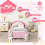 Pink toddler bed frame with cloud headboard, smooth finish, and reinforced build