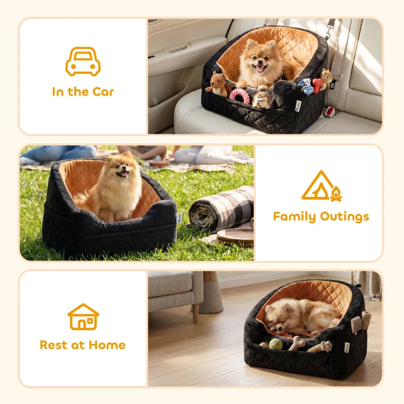 Brown and black dog car booster seat with quilted design for use in car and at home