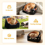 Brown and black dog car booster seat with quilted design for use in car and at home