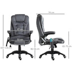 Grey massage recliner office chair with front and side measurements on a diagram