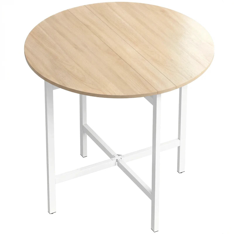 Folding drop-leaf dining table with light natural wood round top and white steel legs