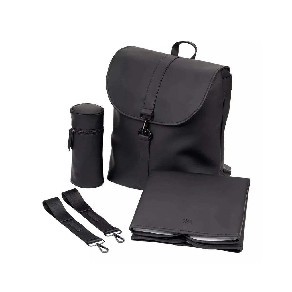 Black changing backpack with front flap, bottle holder, and folding changing pad