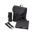 Black changing backpack with front flap, bottle holder, and folding changing pad
