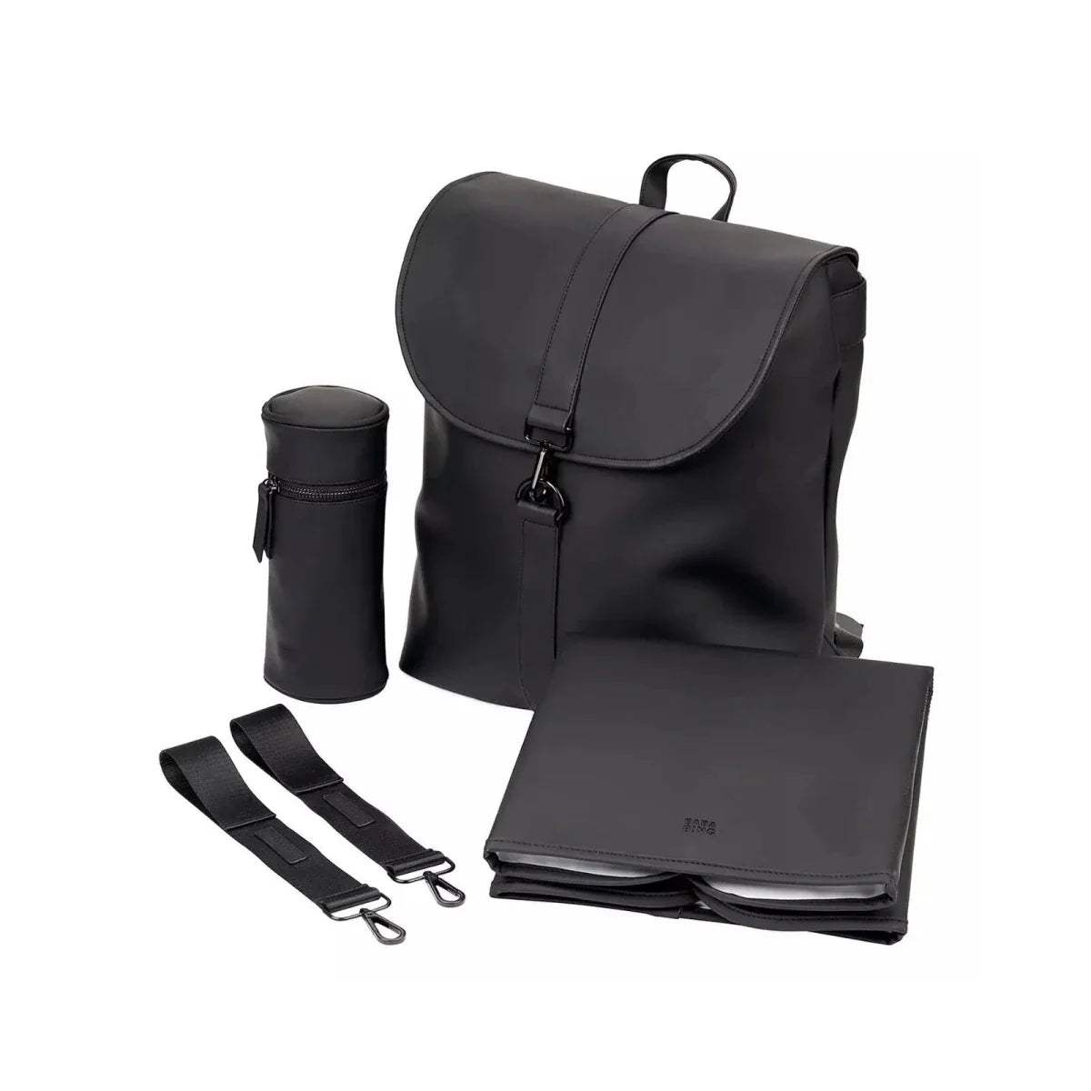 Black changing backpack with front flap, bottle holder, and folding changing pad