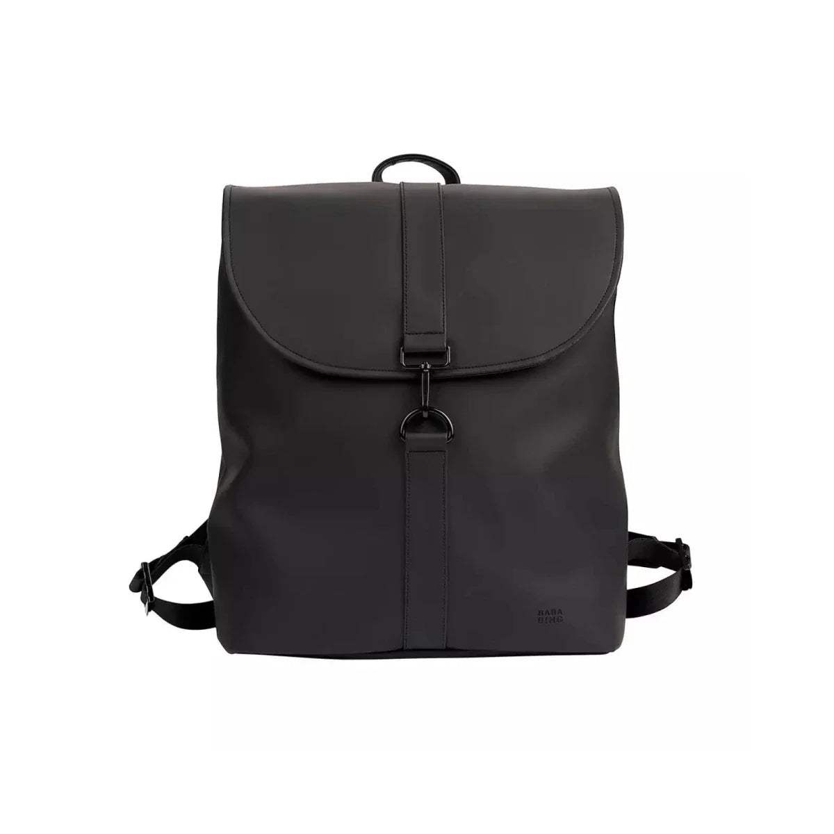 Black changing backpack front view with flap pocket, front buckle, and top handle