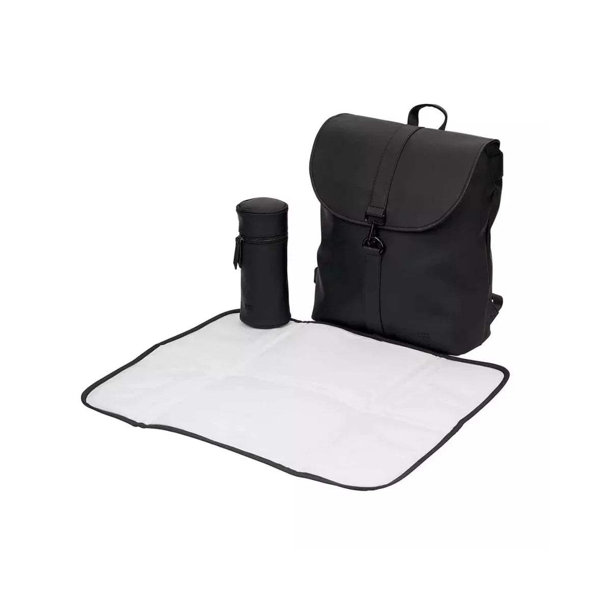 Black changing backpack with folding changing mat and attached bottle container