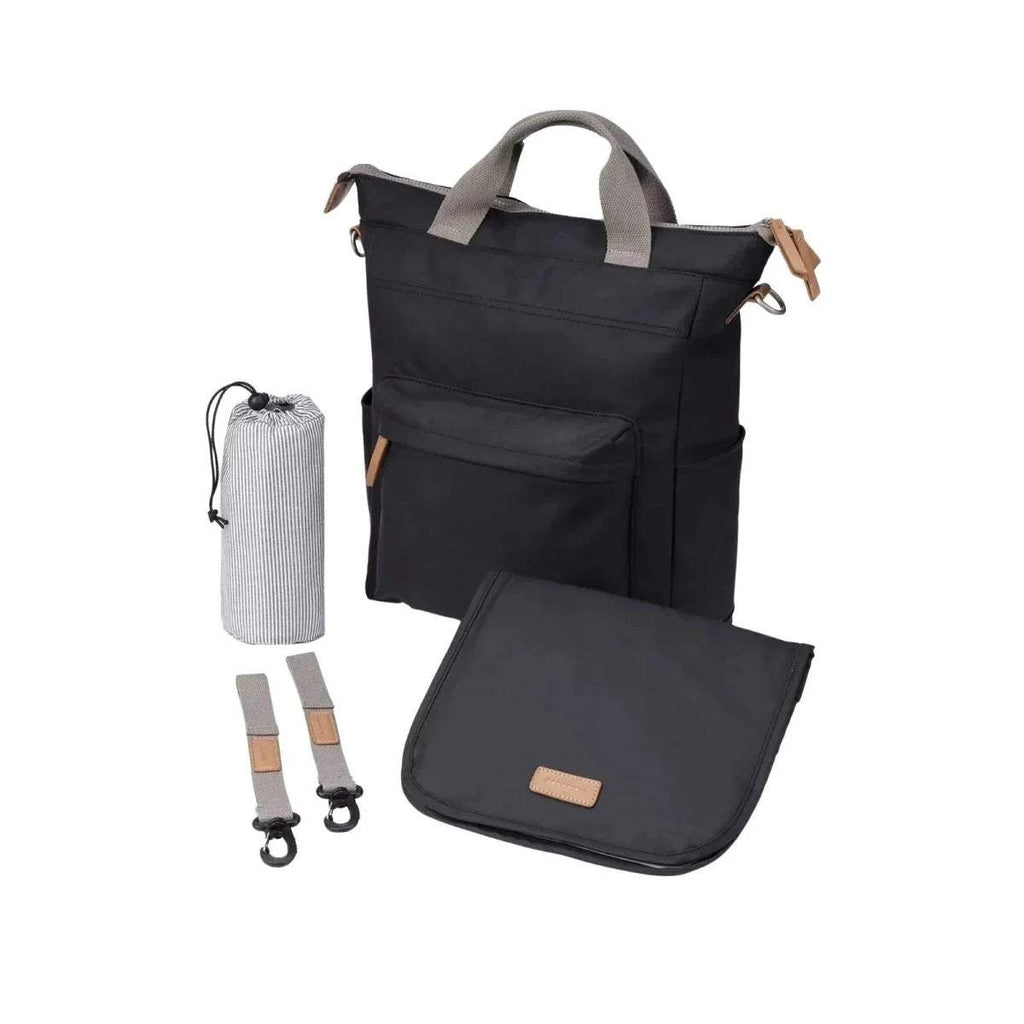 Black changing backpack with front pocket, zip top, and included folding changing mat