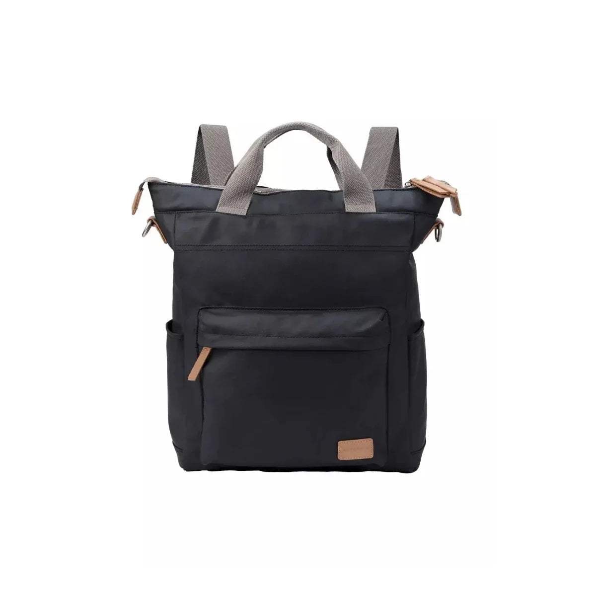 Black changing backpack with gray handles, front storage pocket, and tan leather tag