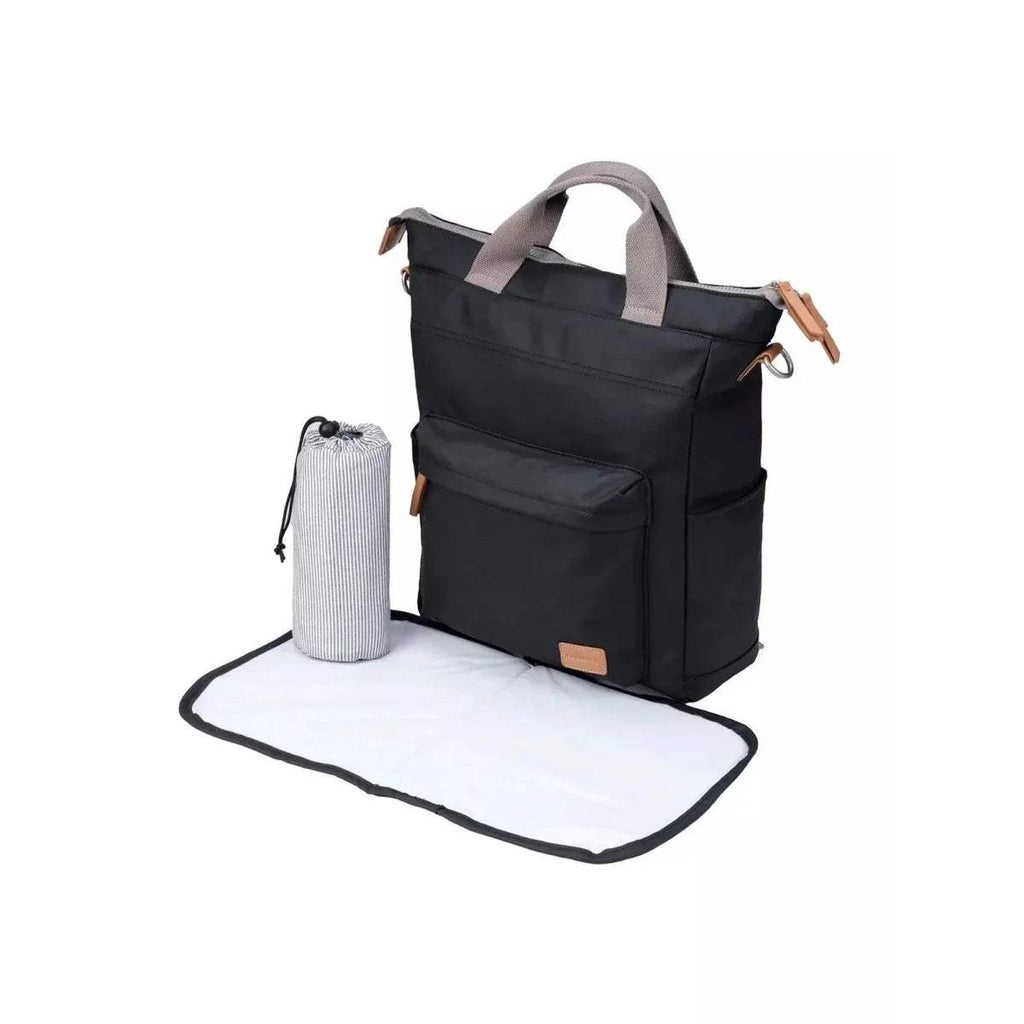 Black changing backpack with front pocket and attached folding changing mat