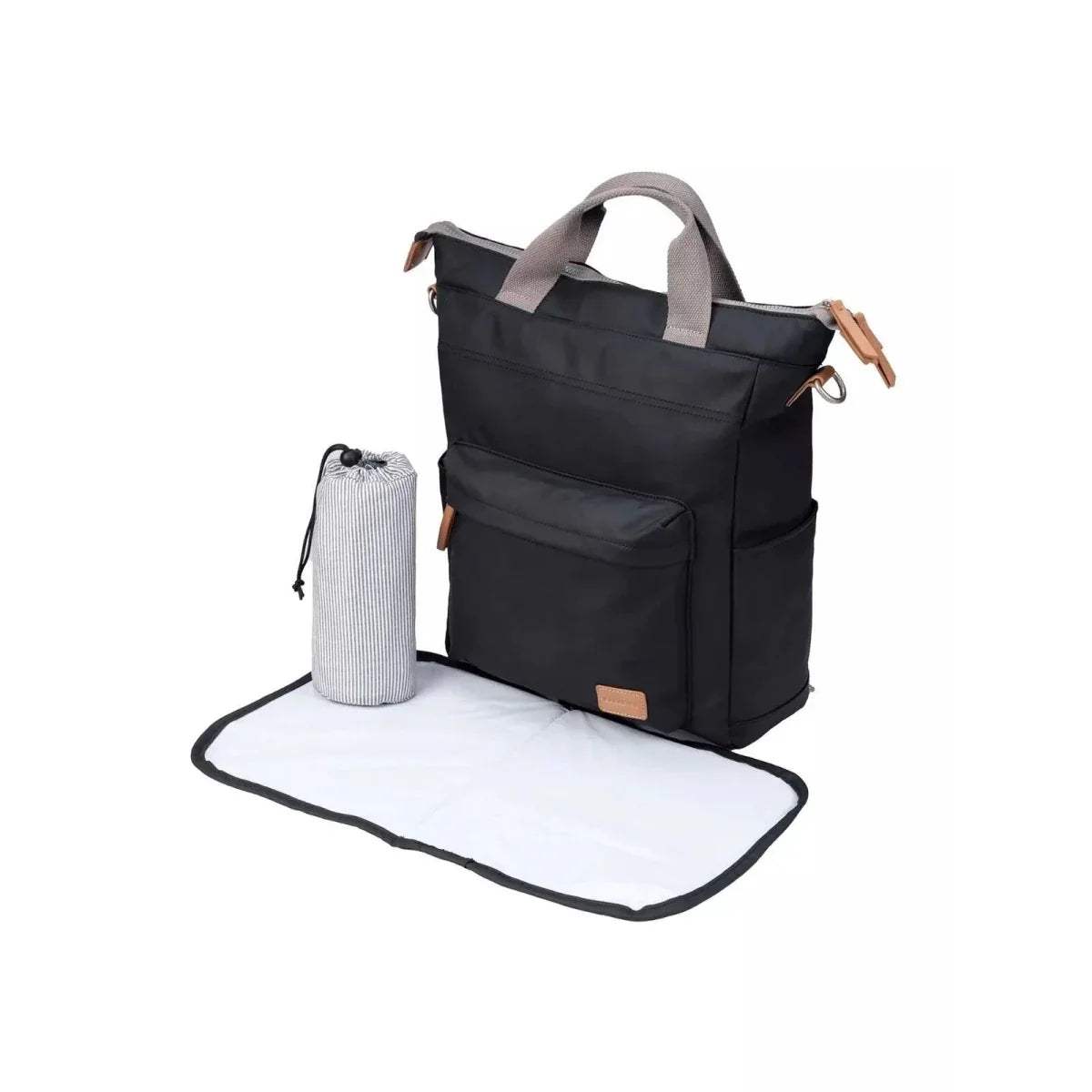 Black changing backpack with front pocket and attached folding changing mat