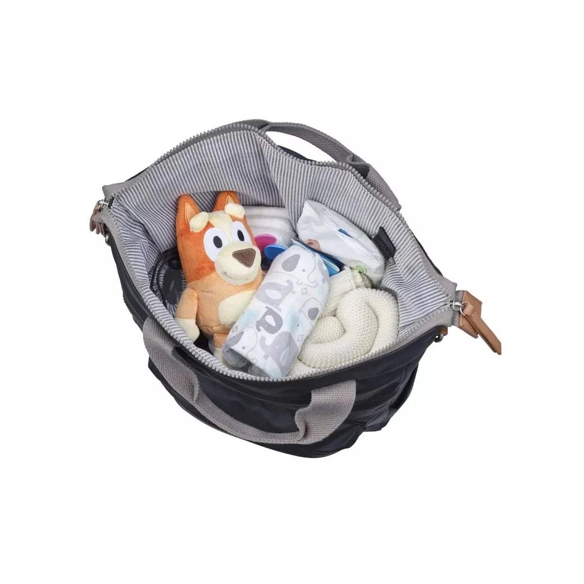 Black and gray changing backpack with open top and cushioned interior holding baby items