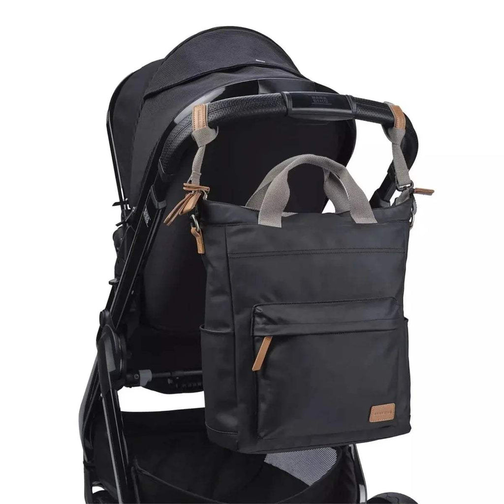 Black changing backpack on stroller frame, with front organizer pocket and side handles