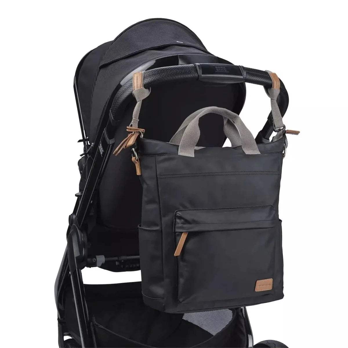 Black changing backpack on stroller frame, with front organizer pocket and side handles
