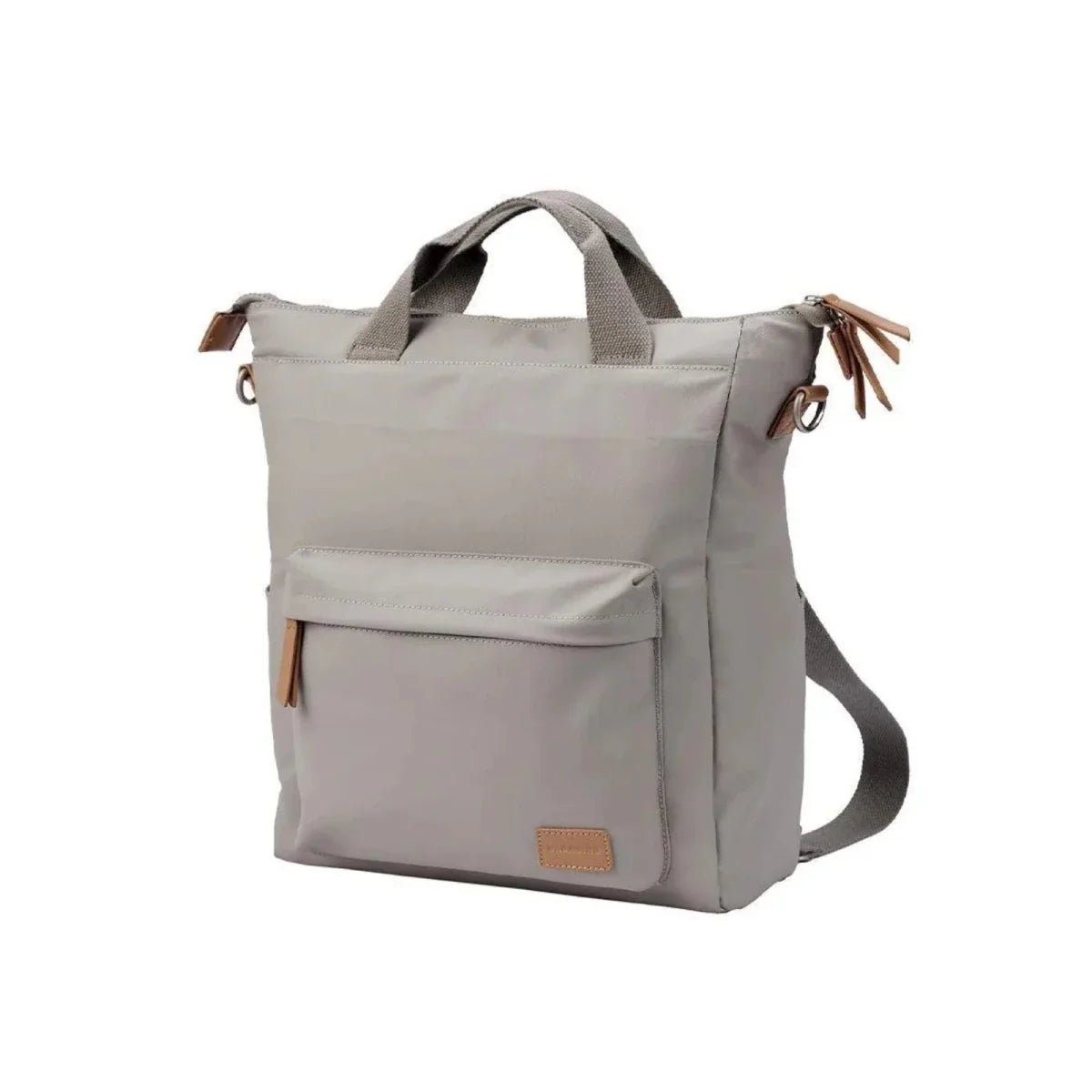 Light beige changing bag with front pocket and adjustable crossbody strap