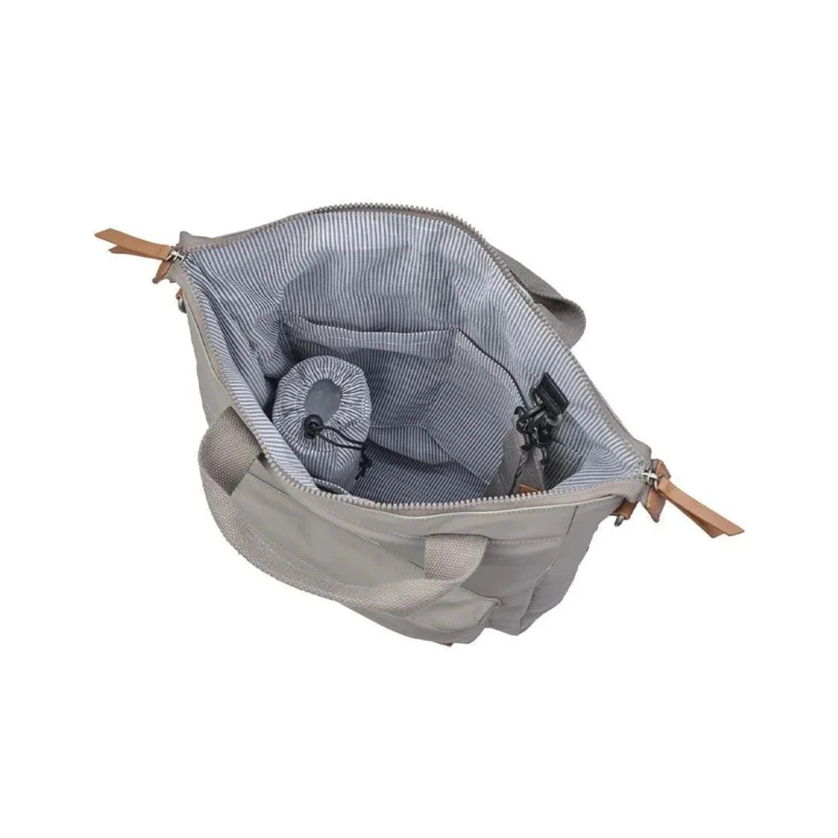 Beige changing bag open to show striped interior organizer and zipper pocket