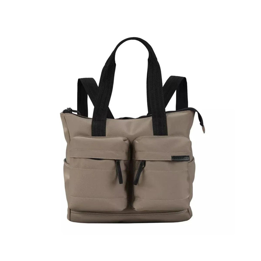 Mink tote-style changing bag with wide black straps and zipper front pockets
