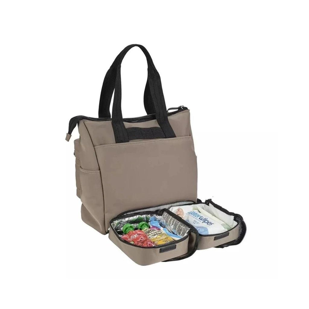 Mink changing bag with black top handles and open side pouches for baby essentials