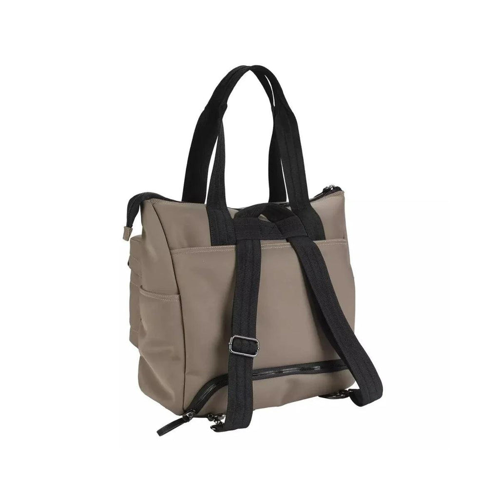 Mink changing bag with black shoulder straps and long adjustable crossbody strap