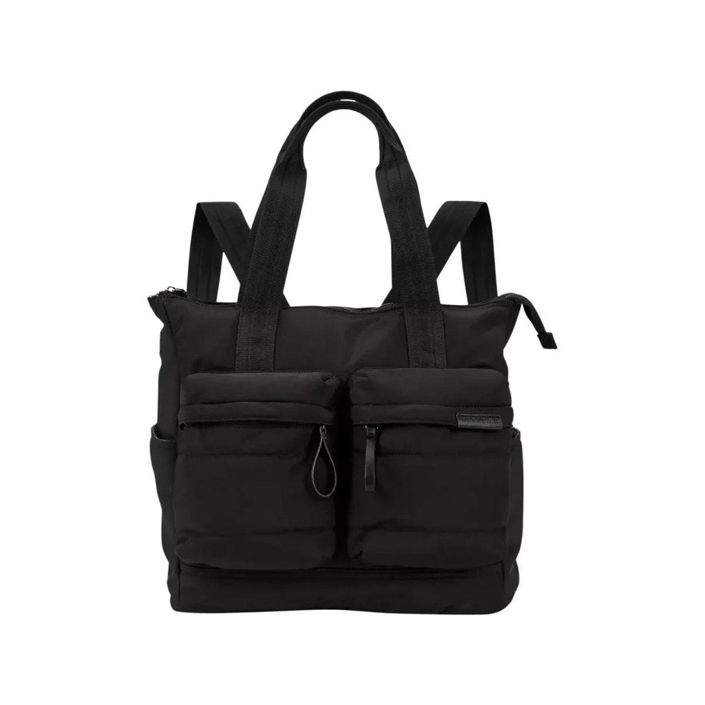 Black changing tote bag with front organizer pockets and wide handles