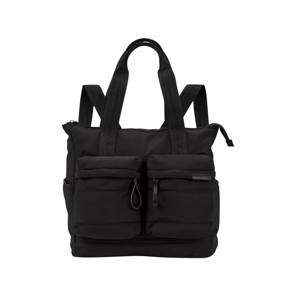 Black changing tote bag with front organizer pockets and wide handles