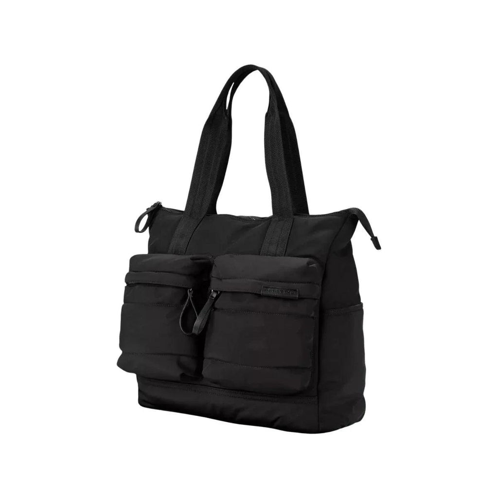 Black changing tote bag with cushioned front organizer and side pockets