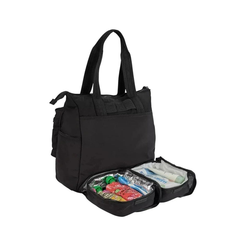Black changing bag with open front compartment holding folded baby items