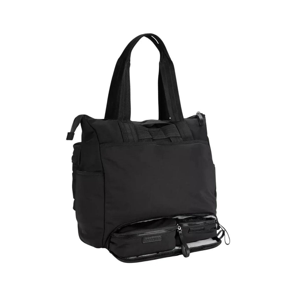 Black changing bag with front zip pouch and side organizer pockets