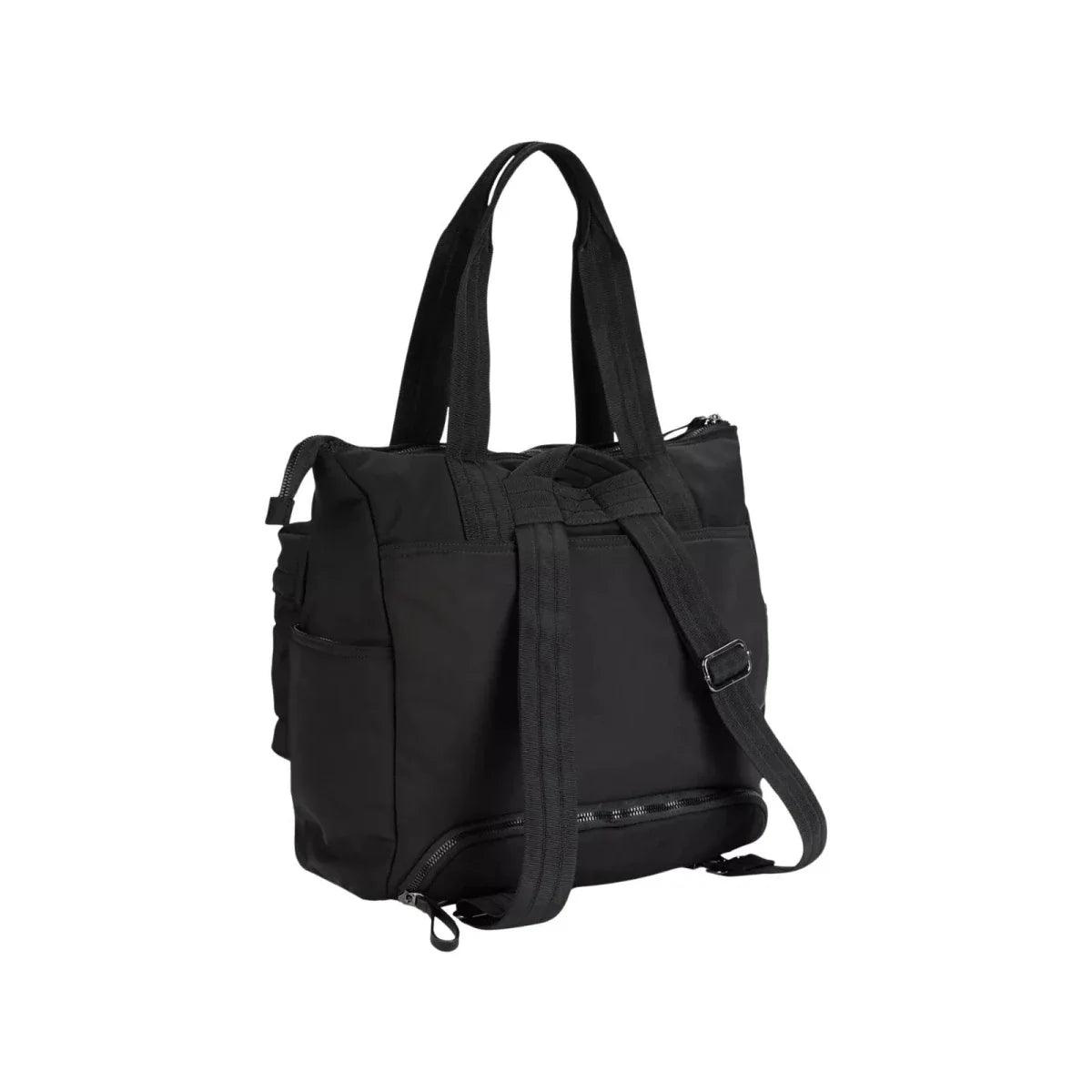 Black changing bag with crossbody strap and front zip compartment