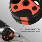 Adjustable barbell plate with black and red fixing clip mechanism